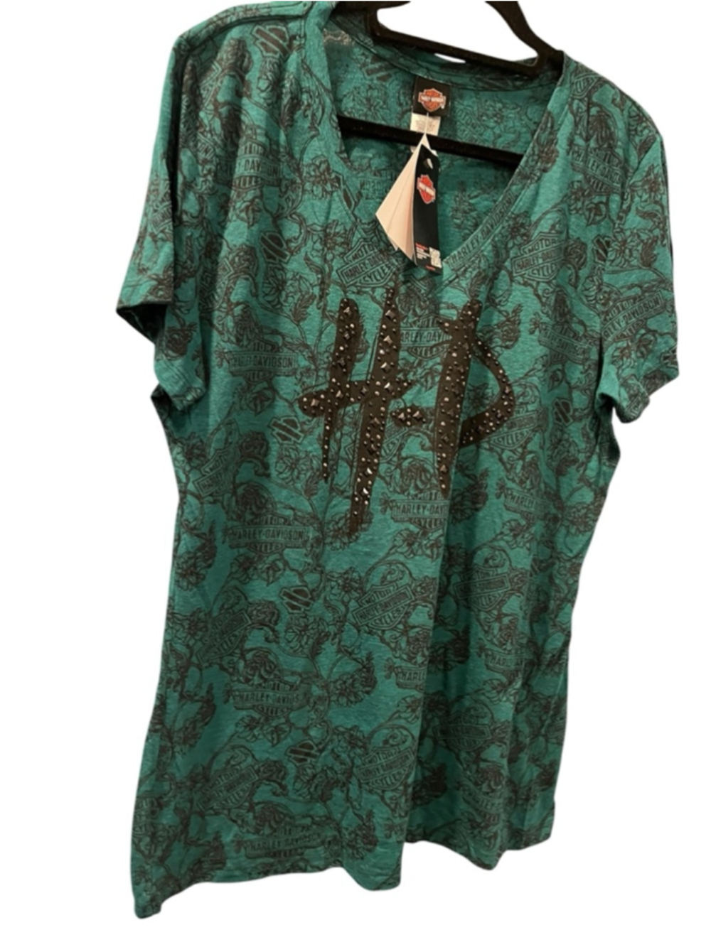 NWT Harley Davidson Skull Women 2X Burned Identity Studded V-Neck Tee Teal Green - Picture 5 of 11